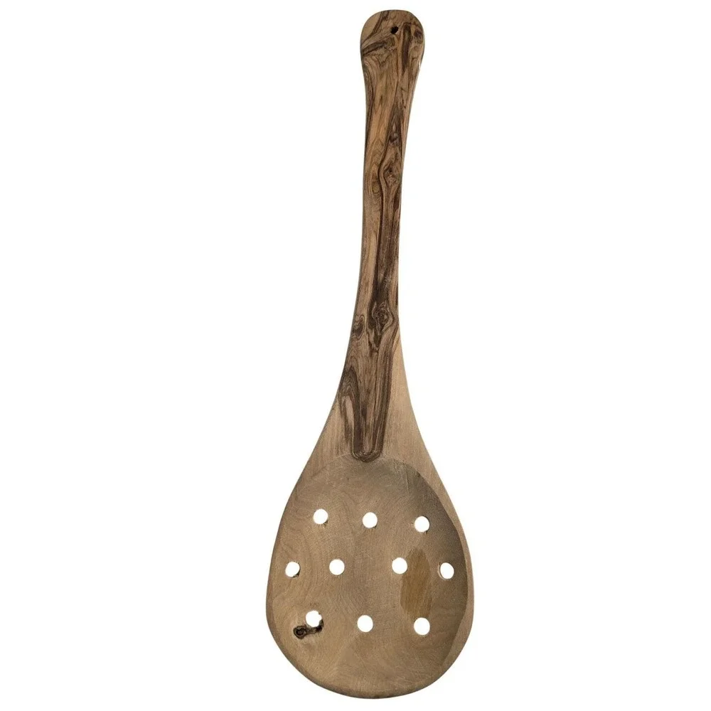 Handcrafted Olive Wood Slotted Spoon Rustic Wooden Kitchen Strainer Utensil 12in